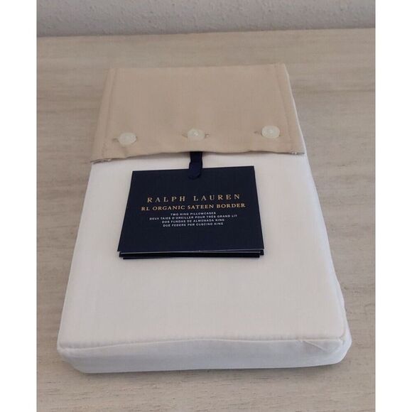 Ralph Lauren Organic Sateen Border 100% Cotton Two King Pillowcases COASTAL SAND - Picture 7 of 13